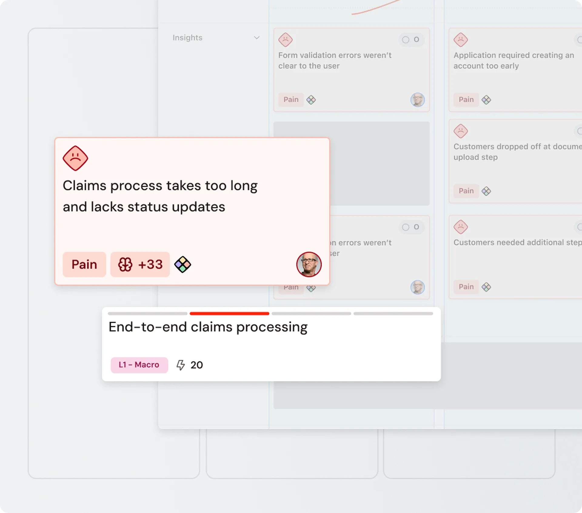 A digital dashboard showing cards labeled "Pain" and "End-to-end claims processing," with icons and status indicators.