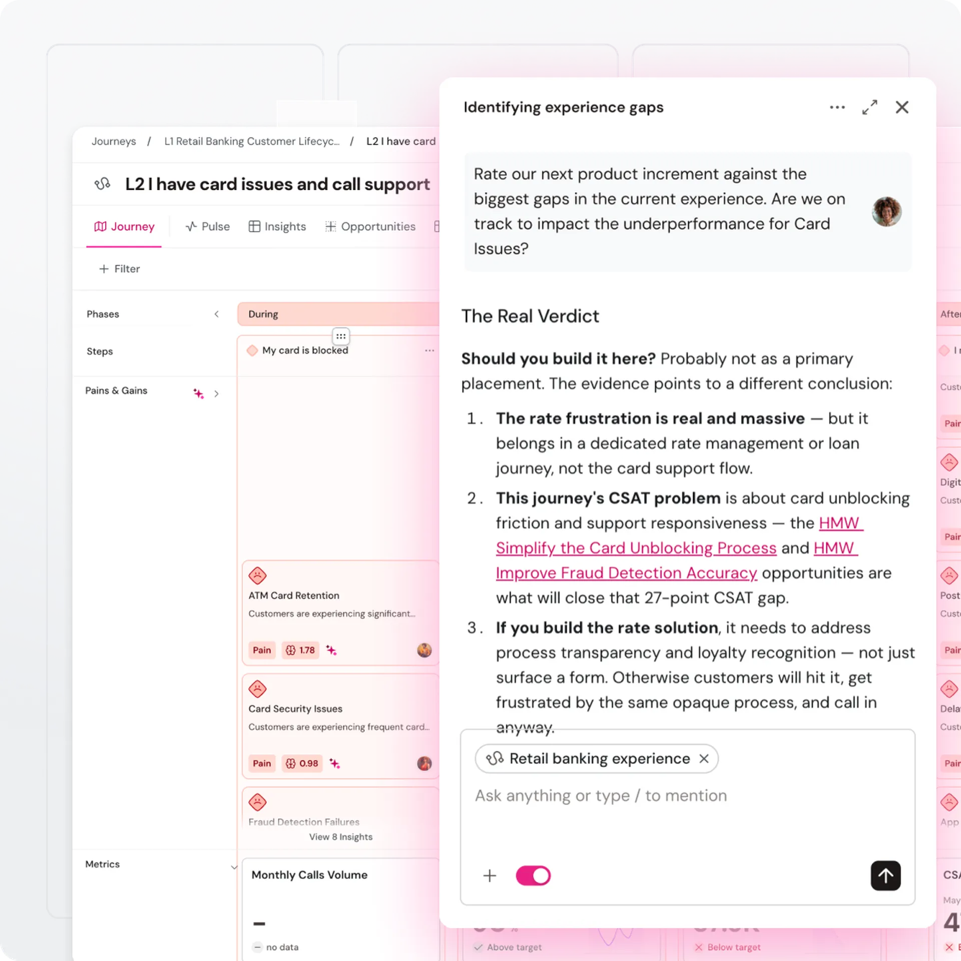 Digital interface with a customer journey map and analysis on card support issues, highlighting experience gaps and suggested improvements.