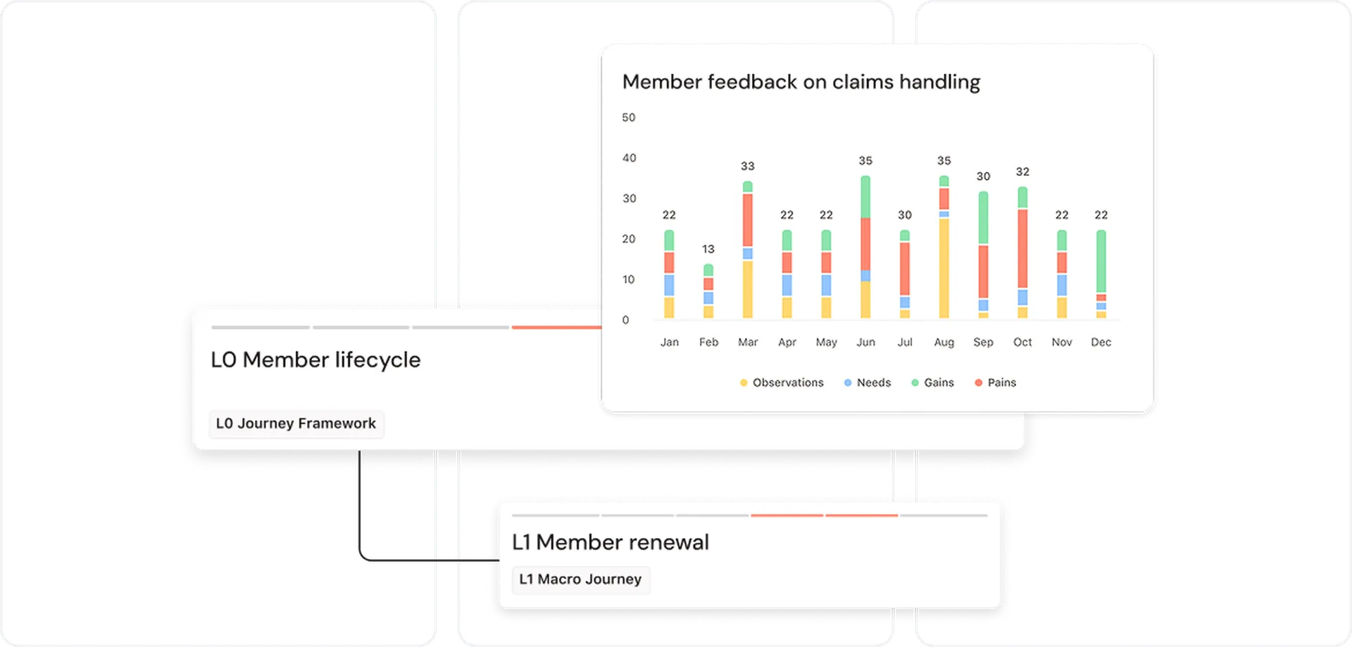 Chart of member feedback on claims from January to December, showing observations, needs, gains, and pains. Labels: L0 Member lifecycle, L1 Member renewal.