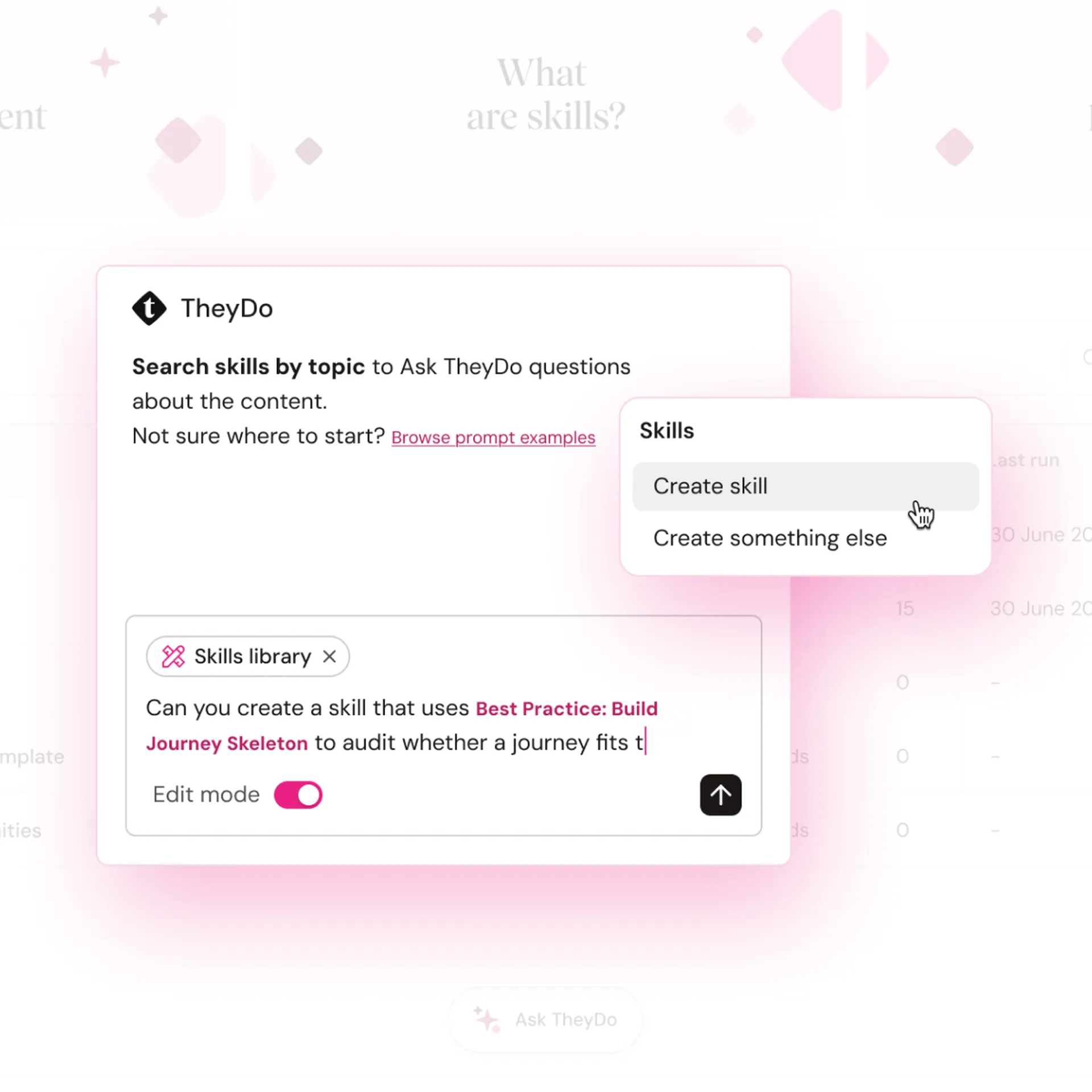 A TheyDo interface displaying skills creation, with options to create skills or something else, and an open skill editor window.