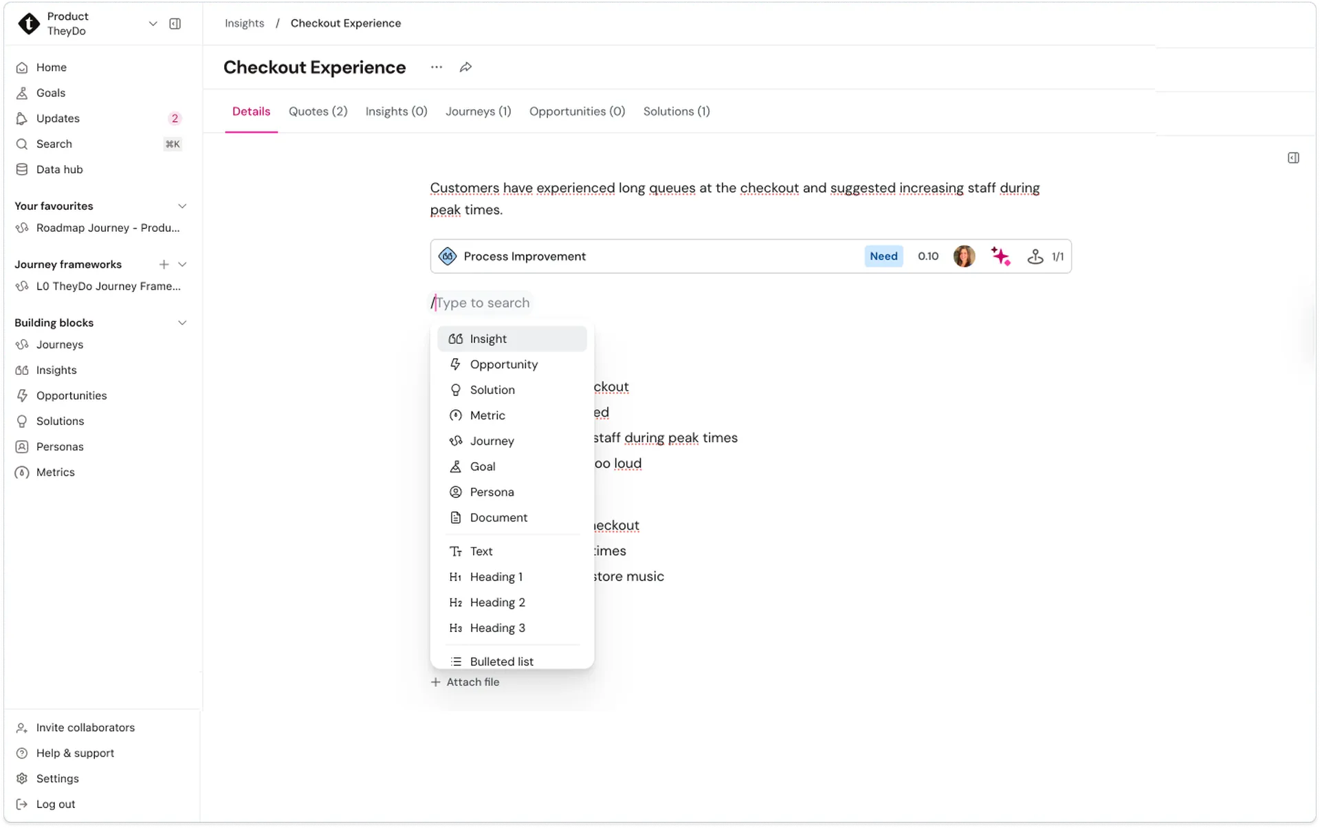 Dashboard displaying a "Checkout Experience" report with suggestions for process improvement in increasing staff during peak times.