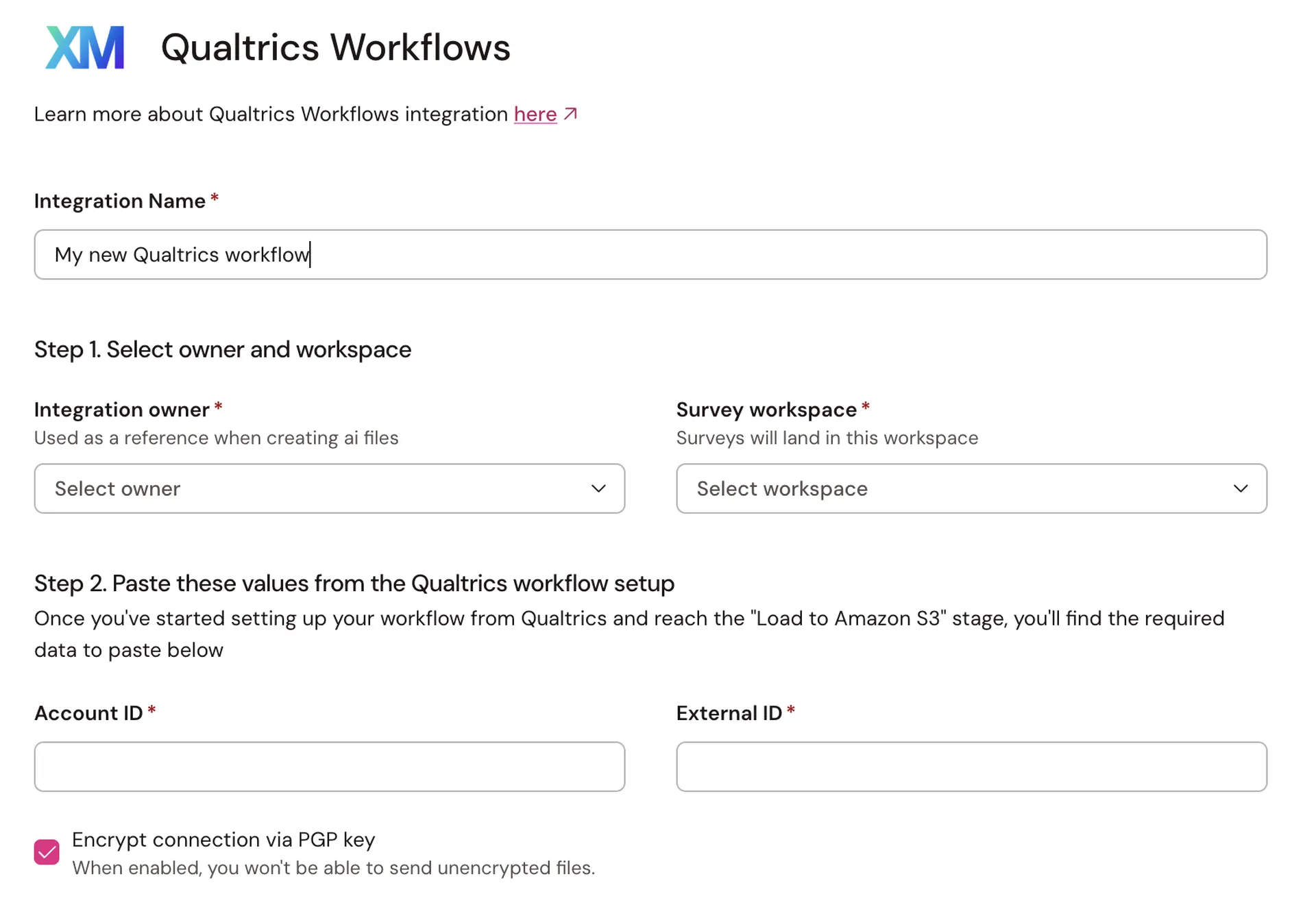 Screenshot of Qualtrics Workflows setup page with fields for integration name, owner, and workspace, plus options for account and external IDs.