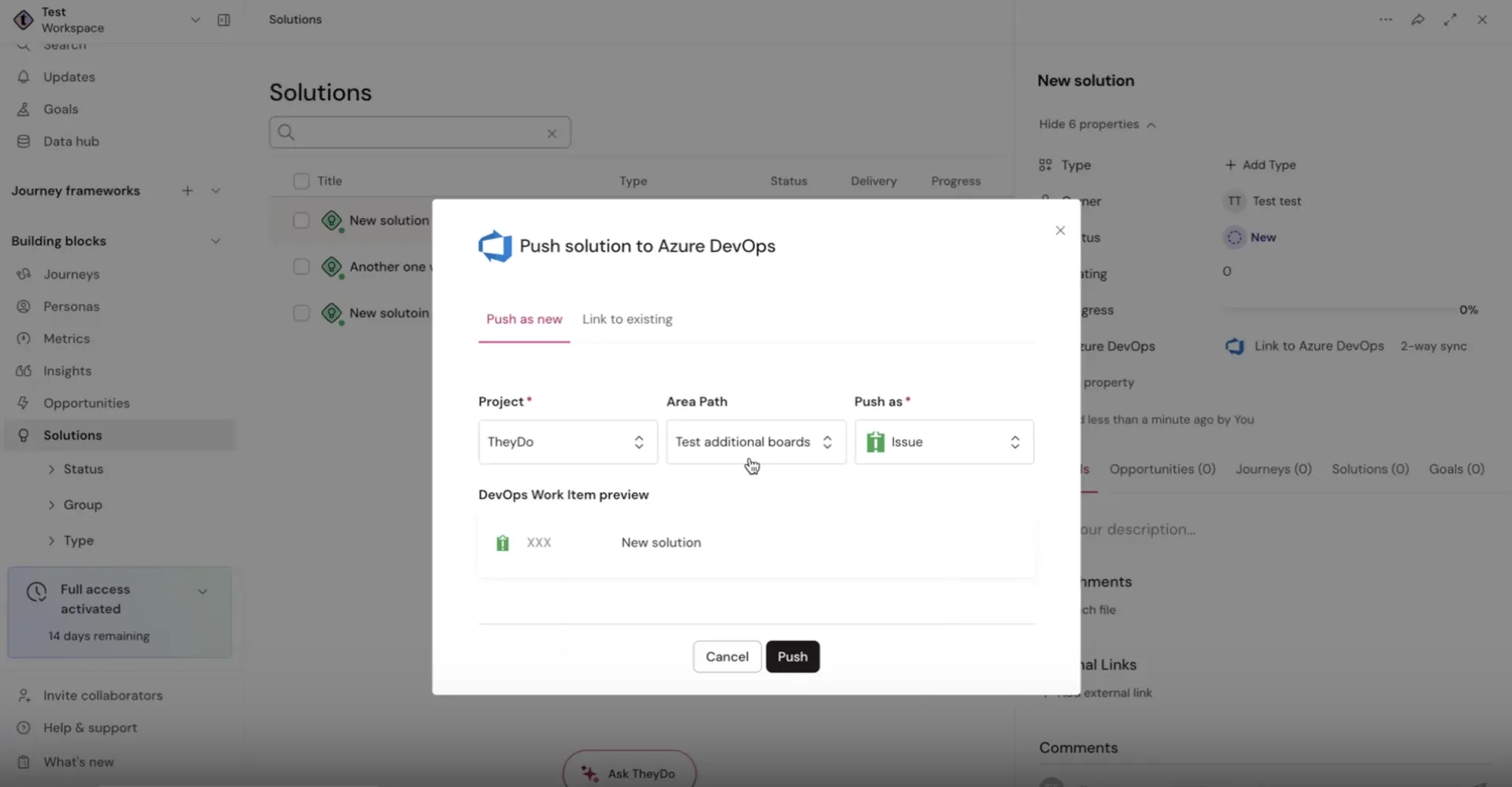 Dialog box showing options to "Push solution to Azure DevOps" with project name, area path, and push as settings, plus a push button.